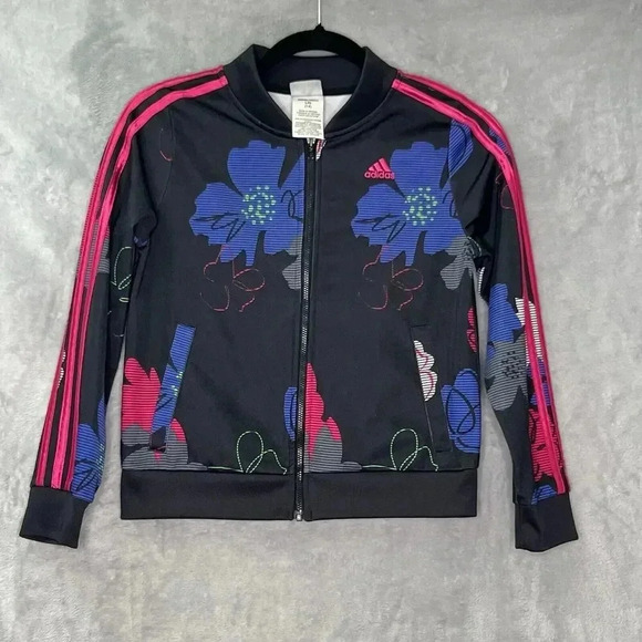 Adidas Girls Black Floral Printed‎ 3-Striped Zip Up Tricot Jacket AP4532 Sz L 14 - Picture 2 of 13